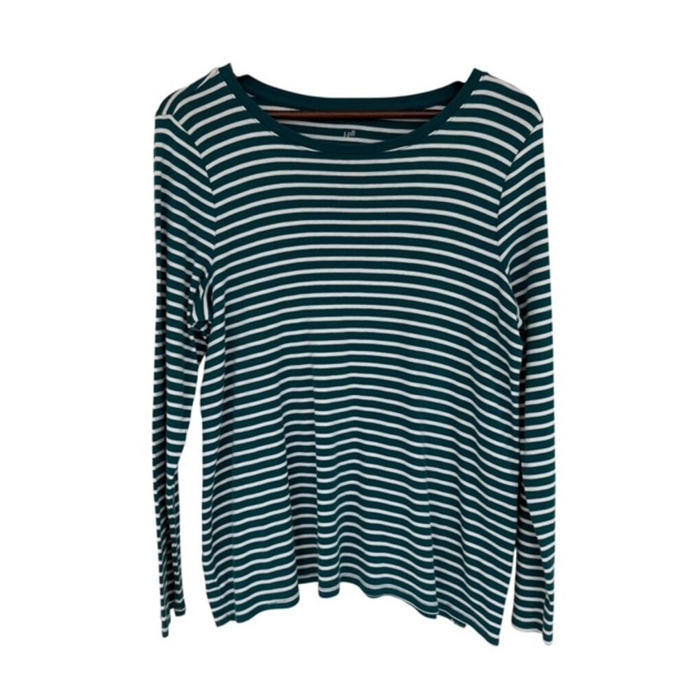 J. Jill Green and White Long-Sleeve Pima Crewneck Tee - Large